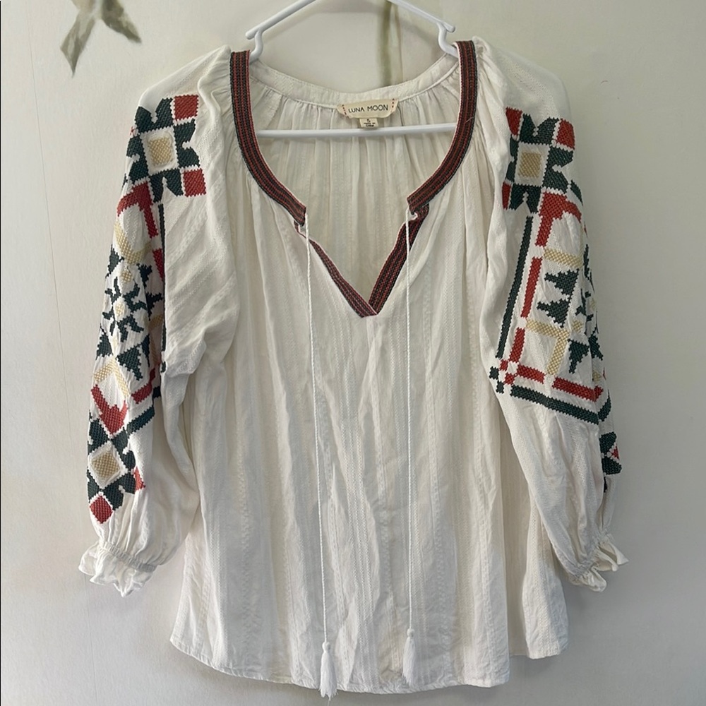 Luna Moon Creamy White Embroidered Sleeve Boho Hippie Western Vibe Blouse